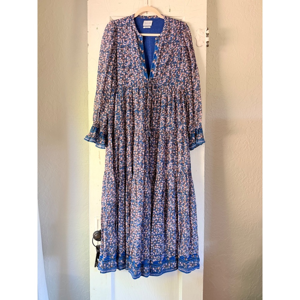 Saylor XS Blue Floral Lurex Striped Tiered Maxi Dress Long Sleeve Boho Ruffle